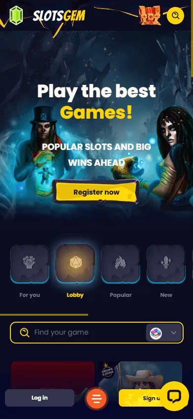 Slotsgem Casino mobile game catalogue with casino options