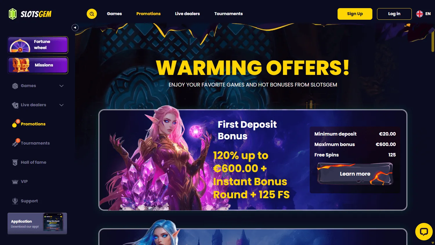 Slotsgem Casino desktop promotions area with bonus offers
