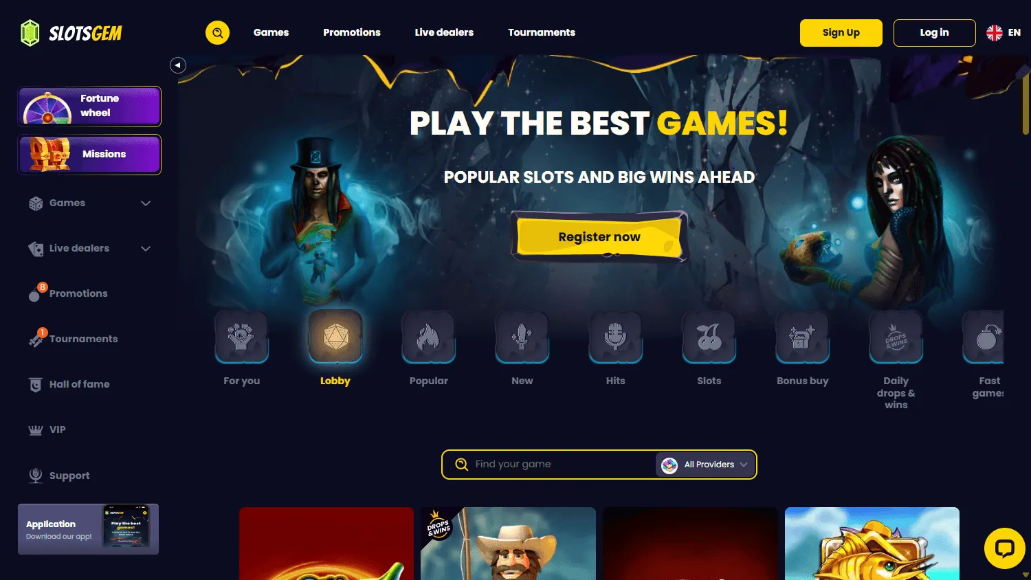 Slotsgem Casino desktop game catalogue with casino categories